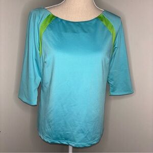Gretchen Scott NEW aqua blue & lime green 3/4 sleeve colorblock shirt size Small